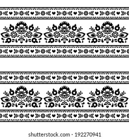 	 Seamless Polish black folk pattern with flowers on white 