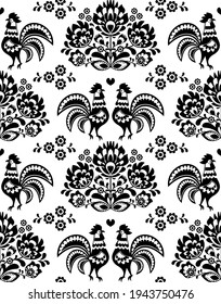 Seamless Polish folk art pattern with roosters and flowers - Wzory Lowickie, wycinanka, traditional textile or fabric print. Repetitive floral traditional background - monochrome wallpaper from Lowicz