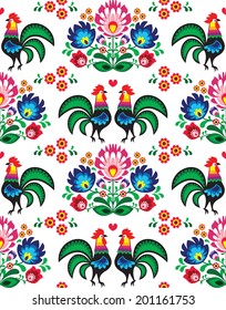 Seamless Polish folk art pattern with roosters - Wzory Lowickie, wycinanka