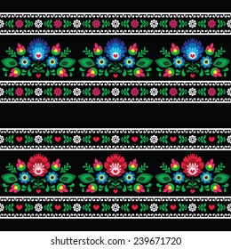 Seamless Polish folk art pattern with flowers - wzory lowickie on black 