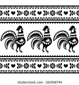 Seamless Polish monochrome folk art pattern with roosters - Wzory lowickie