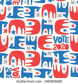 Seamless political pattern of donkey and elephant. United States 2020 election vector illustration