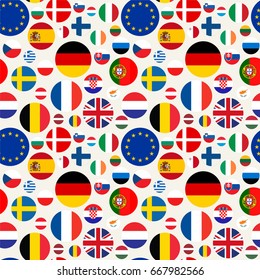 Seamless political pattern with European Union countries flags. Vector colorful illustration with set EU members emblems.