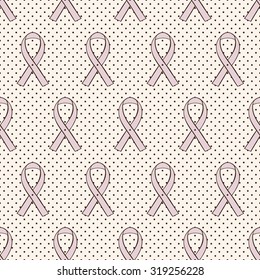 Seamless polka dot background with pink ribbons, retro-styled. Breast cancer awareness theme.