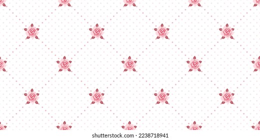 Seamless polka dot background with small roses. Romantic floral pattern. Vector illustration.