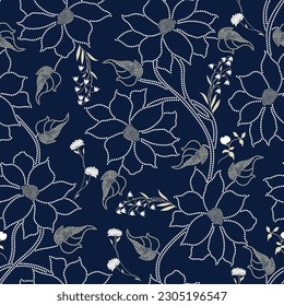 seamless polka dot flower pattern on navy background