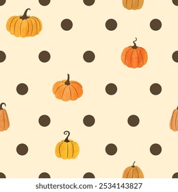 Seamless polka dot Halloween pattern with watercolor pumpkins. Wrapping paper design