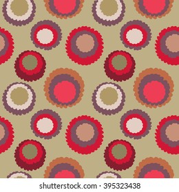Seamless polka dot, motley texture. Abstract spotty pattern. Circles with torn paper effect. Soft red, orange, gold colored. Cornflakes theme. Vector 