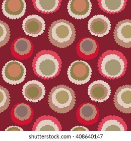 Seamless polka dot, motley texture. Abstract spotty pattern. Circles with torn paper effect. Red, orange, green, cream colored. Vector 