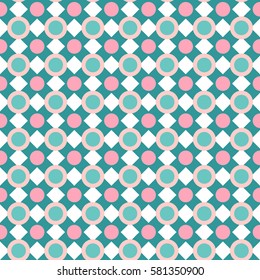 Seamless polka dot pattern with abstract geometric shapes. Tiling background. Spring Easter texture. Holiday wrapping paper, event vector card design. Fabric ornament with circles, rings, checkers