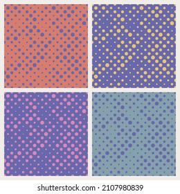 Seamless polka dot pattern background set. Color trend of the year 2022 very peri. Design texture elements for fabric, tile, banner, template, card, cover, poster, backdrop, wall. Vector illustration.