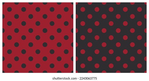 Seamless polka dot pattern background. Trend color of the year 2023 Viva Magenta. Design texture elements for fabric, tile, banner, template, card, cover, poster, backdrop, wall. Vector illustration.