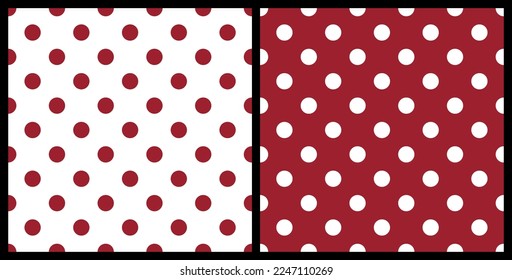 Seamless polka dot pattern background. Trend color of the year 2023 Viva Magenta. Design texture elements for fabric, tile, banner, template, card, cover, poster, backdrop, wall. Vector illustration.