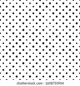 Patrón de puntos polka sin problemas. Puntos negros en tamaños aleatorios sobre fondo blanco. Ilustración vectorial.