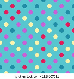 Seamless polka dot pattern with blue background. Vector repeating texture.
