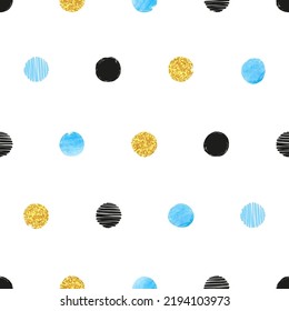 Patrón de puntos sin foco de polka con círculos azules, negros y dorados. Fondo geométrico vectorial