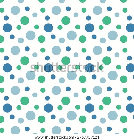 Seamless polka dot pattern with blue and green circles. Abstract geometric background with colorful spots. Rapport for textile, wallpaper. Design with blue and green bubbles. Vector illustrator