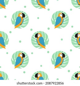 Seamless polka dot pattern with cartoon parrots. Vector tropical print.