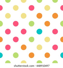 Seamless polka dot pattern with circles of fresh colors on a white background. Vector repeating texture.