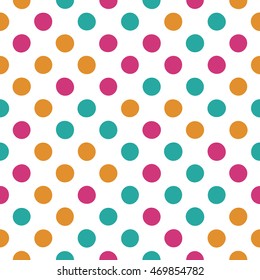 Seamless polka dot pattern with circles of spring colors on a white background. Vector repeating texture.