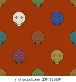 Seamless polka dot pattern with colorful human skulls. Día de Muertos design. Merry dead head symbols on red background.