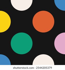 Seamless polka dot pattern with colorful circles on black background. Geometric vector design in modern style. High quality illustration with retro aesthetic