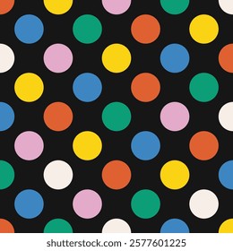 Seamless polka dot pattern with colorful circles on black background. Geometric vector design in modern style. High quality illustration with retro aesthetic