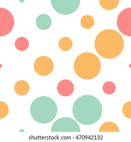 Seamless polka dot pattern with colorful circles on a white background. Vector repeating texture.