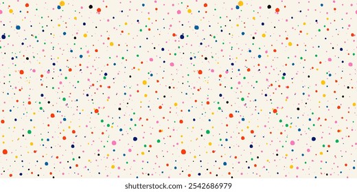 Seamless polka dot pattern with confetti dots on a light background. Carnival backdrop for birthdays. Abstract rainbow splatter. Ink splash for print templates, textiles, and festive wrapping paper.