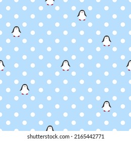 Seamless polka dot pattern with cute little penguins. Baby print.