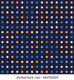 Seamless polka dot pattern with dark background. Vector repeating texture.