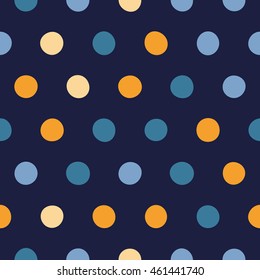 Seamless polka dot pattern with dark background. Vector repeating texture.