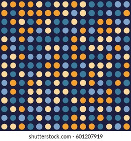 Seamless polka dot pattern with dark background. Vector repeating texture.