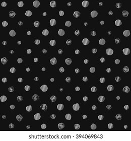 Seamless polka dot pattern. Dry brush painted circles with rough edges. Trendy hipster texture. Handdrawn endless stylish backdrop. Silver shapes on black background. Cloth design, wallpaper, wrapping