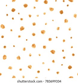 Seamless polka dot pattern. Dry brush painted circles with rough edges. Trendy hipster texture. Handdrawn endless stylish backdrop. Golden shapes on white background. Cloth design, wallpaper, wrapping