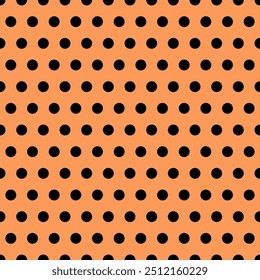 Seamless polka dot pattern featuring black dots on an orange background. Perfect for retro-inspired designs, textiles, wallpapers, and modern graphic projects. A stylish and timeless pattern