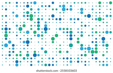 A seamless polka dot pattern featuring evenly spaced blue and tosca circles on a crisp white background, crafted as a clean, minimalist vector illustration for versatile design use.