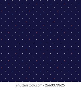 Seamless polka dot pattern featuring white, orange, and blue dots on a navy blue background. Minimalist and classic design ideal for textiles, wrapping paper, and digital use