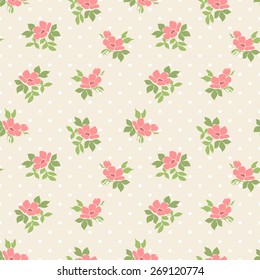 Seamless polka dot pattern with flowers.  Floral vector background. 