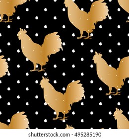 Seamless polka dot pattern with golden silhouette roster for new year. Vector background.