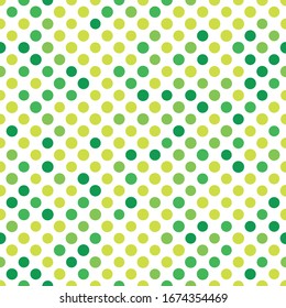 Seamless polka dot pattern. Green dots in random sizes on white background. Vector illustration.
