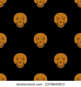 Seamless polka dot pattern with human skulls. Halloween design. Orange dead head symbols on black background.