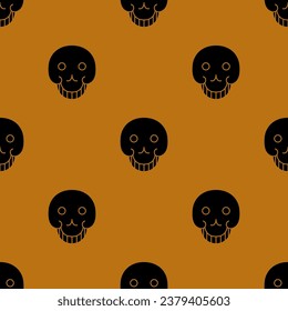 Seamless polka dot pattern with human skulls. Halloween design. Black dead head symbols on orange background.