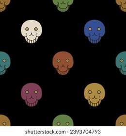 Seamless polka dot pattern with human skulls. Día de Muertos design. Merry dead head symbols on black background.