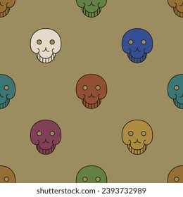Seamless polka dot pattern with human skulls. Día de Muertos design. Merry dead head symbols on golden background.