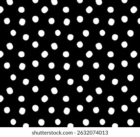 Naadloze polka dot patroon met onregelmatige witte stippen op een zwarte achtergrond. Handgetekende minimalistische stijl, perfect voor stof, verpakking, achtergronden, branding, inpakpapier en modern ontwerpproject
