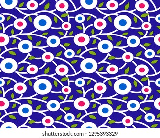 seamless polka dot pattern with leaves navy background