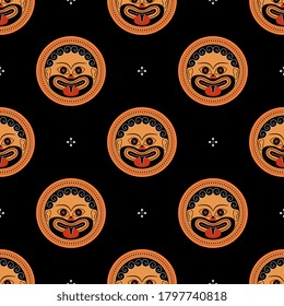 Seamless polka dot pattern with masks of Medusa Gorgon. Ancient Greek ethnic motif.