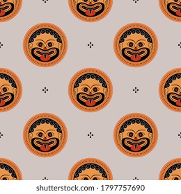 Seamless polka dot pattern with masks of Medusa Gorgon. Ancient Greek ethnic motif.