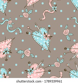 Seamless polka dot pattern on the theme of needlework with cute sewn hearts pillows for needles. Vector.